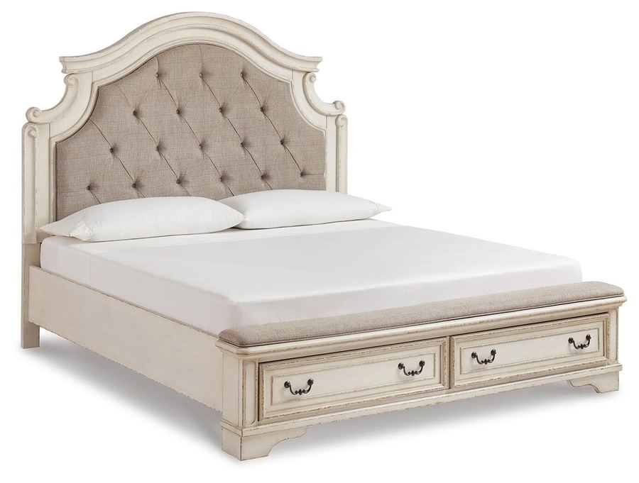 Upholstered tufted bed with storage footboard