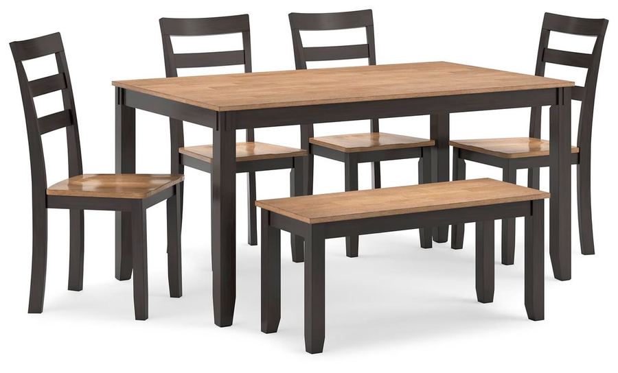 Walnut dining table with upholstered chairs